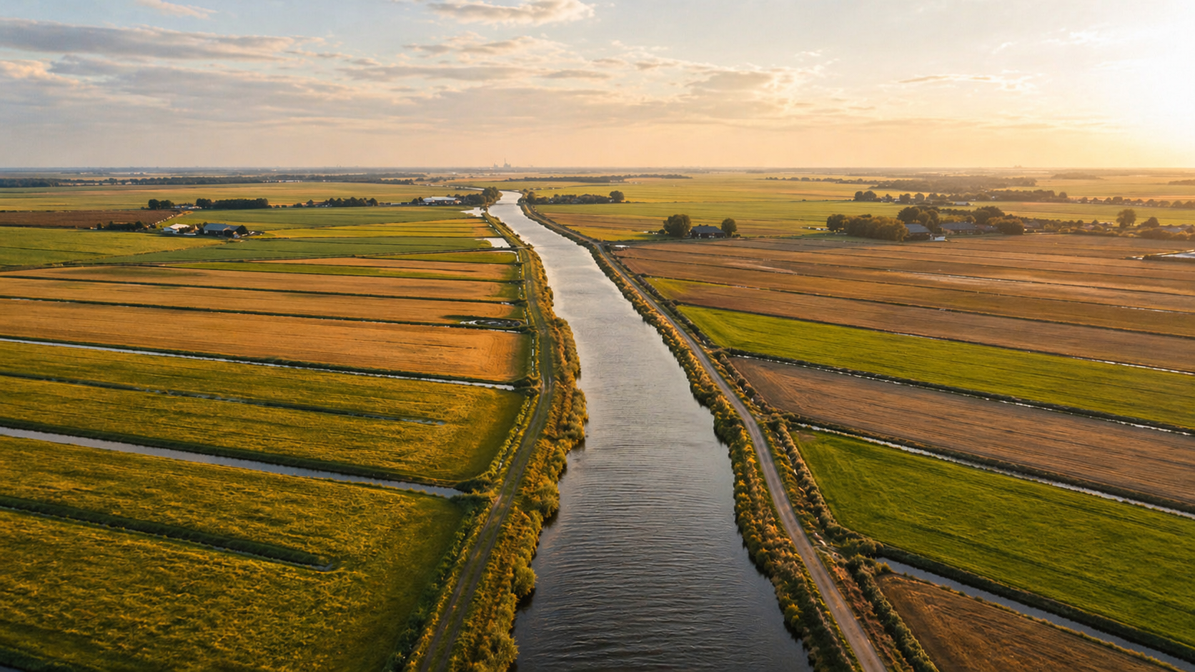 A canal stretching towards the horizon through the Dutch polder landscape at sunset